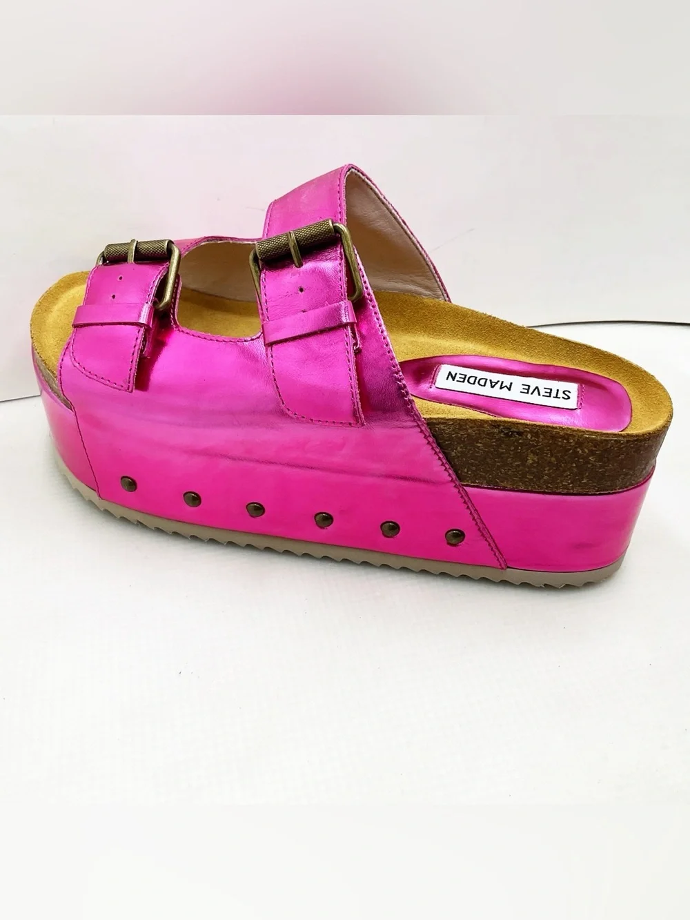 🆕{Steve Madden} Kali-J Distressed Metallic Pink Platform Slide Sandals